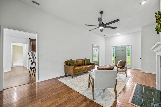 138 Spring Farm Rd, Huntsville, AL 35811 - living area with ceiling fan, wood finished floors, recessed lighting, and a fireplace with flush hearth