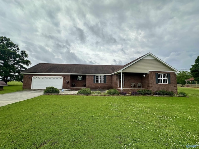 175 County Road 23, Leesburg, AL 35983 - ranch-style home with a garage, brick siding, driveway, and a front lawn