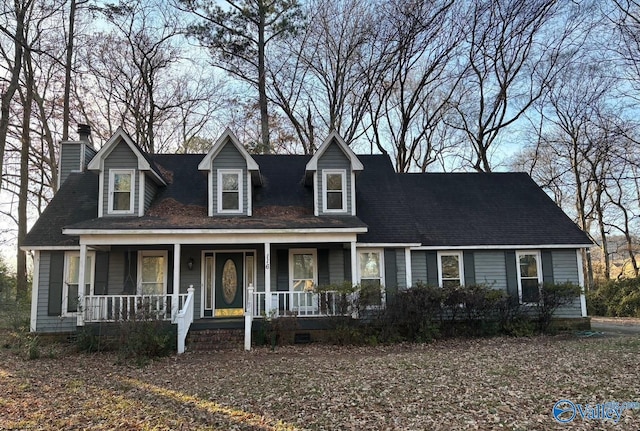 cape cod home featuring covered porch, a chimney, and crawl space