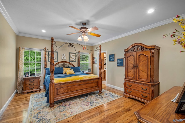 152 W Dr, Fyffe, AL 35971 - bedroom featuring light wood-type flooring, recessed lighting, baseboards, crown molding, and ceiling fan
