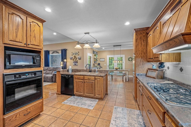 152 W Dr, Fyffe, AL 35971 - kitchen featuring black appliances, a sink, custom exhaust hood, recessed lighting, and decorative backsplash