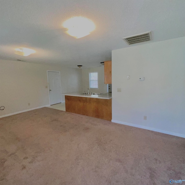 unfurnished living room featuring a textured ceiling, light carpet, and sink