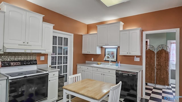 kitchen featuring electric range, dishwasher, light floors, under cabinet range hood, and a sink