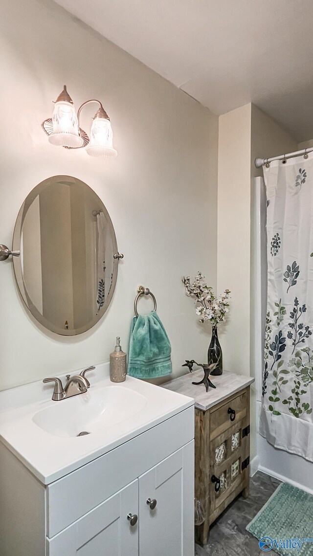 full bath featuring shower / bathtub combination with curtain and vanity