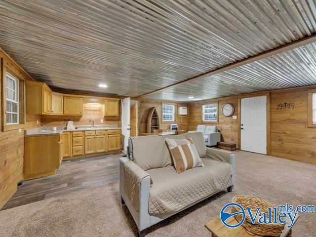 living room with wooden walls and hardwood / wood-style floors