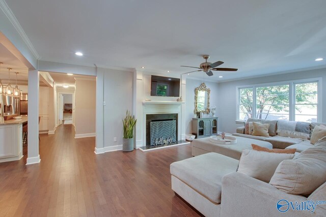 living room featuring ceiling fan, ornamental molding, and wood-type flooring