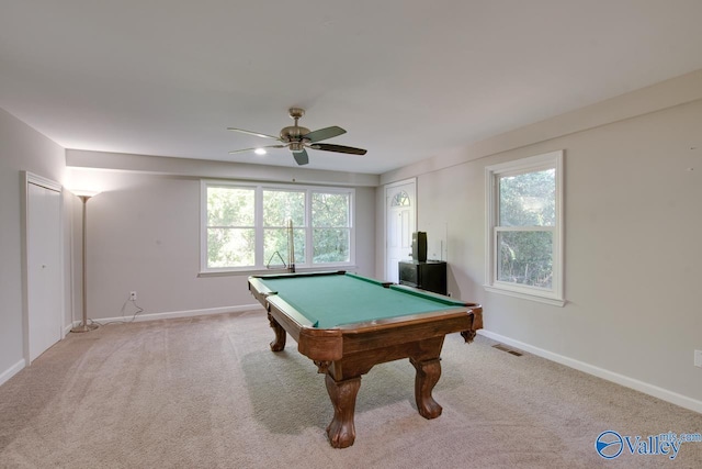 playroom featuring ceiling fan, pool table, and light carpet