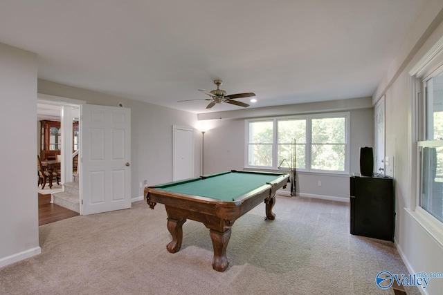 recreation room with ceiling fan, pool table, and carpet flooring