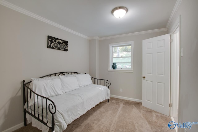 bedroom with ornamental molding and carpet flooring