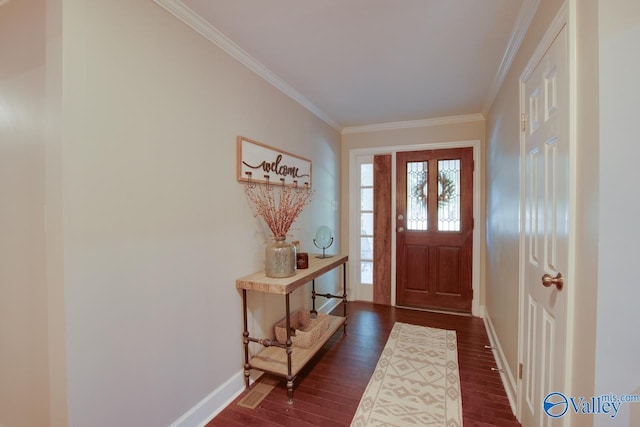 foyer entrance with crown molding and dark wood-type flooring