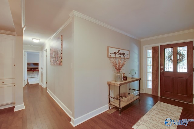 foyer featuring crown molding and dark wood-type flooring