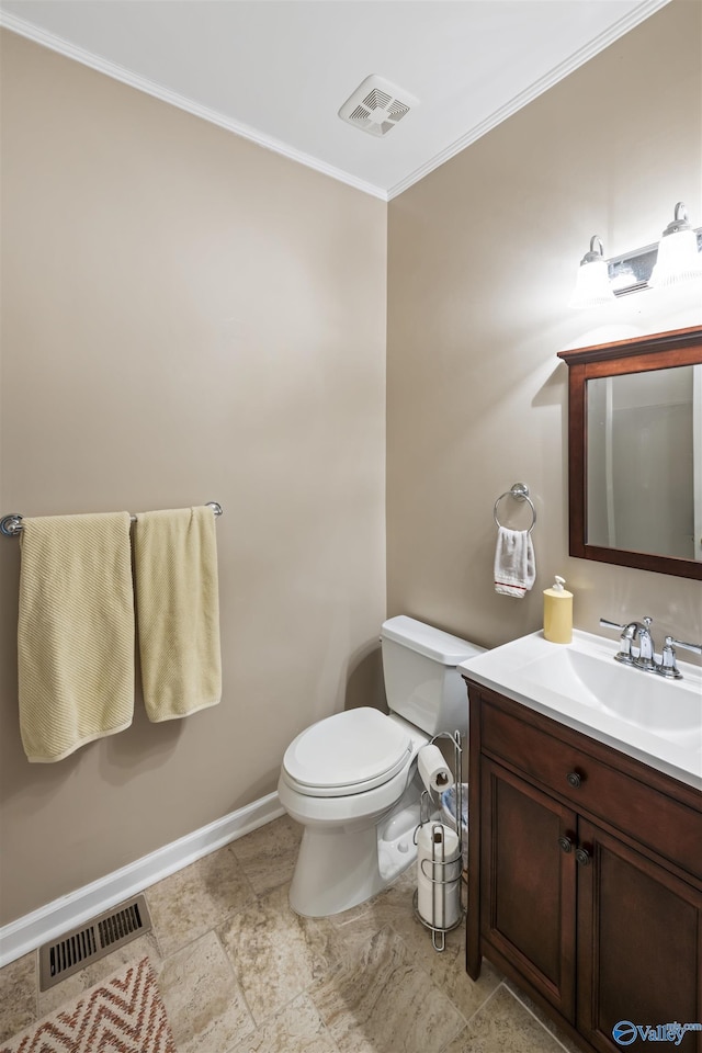 half bathroom with visible vents, baseboards, toilet, and ornamental molding