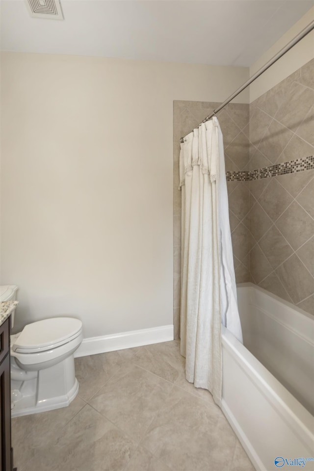 bathroom with tile patterned flooring, baseboards, toilet, vanity, and shower / bathtub combination with curtain