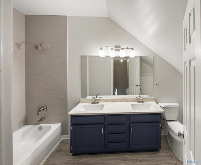 bathroom with lofted ceiling, wood finished floors, and a sink