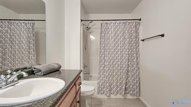 bathroom featuring vanity, tile patterned flooring, toilet, and shower / bathtub combination with curtain