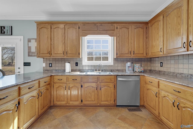 kitchen featuring sink, ornamental molding, tasteful backsplash, and dishwasher