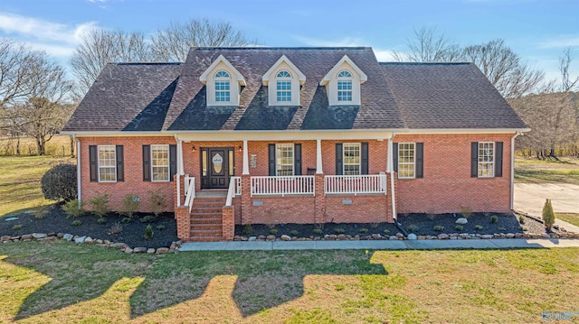 cape cod house with a front lawn and a porch