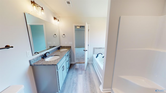 bathroom with vanity, a tub to relax in, and wood-type flooring