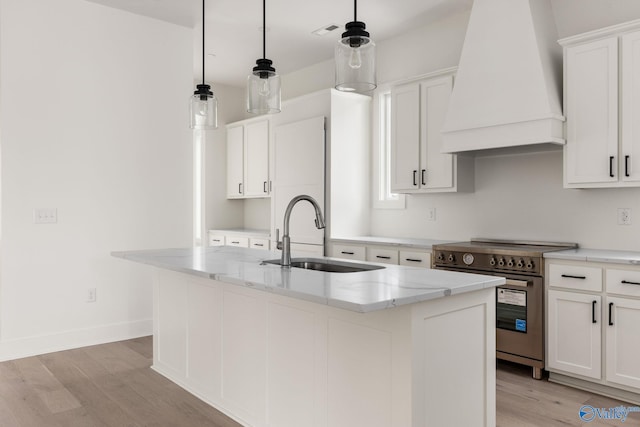 201 Fame Ave, Tuscumbia, AL 35674 - kitchen with light stone counters, stainless steel stove, a sink, light wood-style floors, and custom range hood