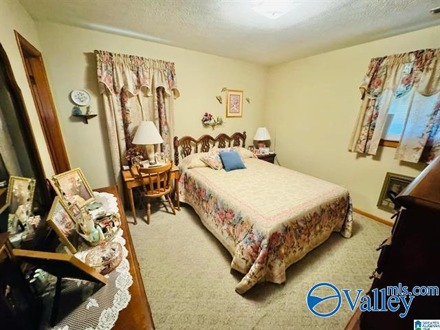 carpeted bedroom featuring a textured ceiling