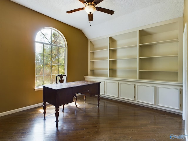 office featuring lofted ceiling, ceiling fan, and a textured ceiling