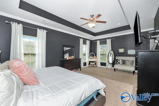 carpeted bedroom with ornamental molding, a raised ceiling, and ceiling fan