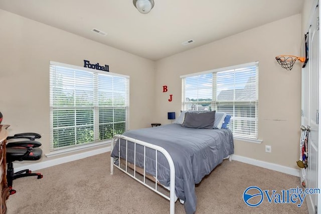 bedroom with light colored carpet