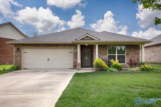 104 Summer Pointe Ln, Madison, AL 35757 - ranch-style house with brick siding, driveway, a front lawn, a garage, and roof with shingles