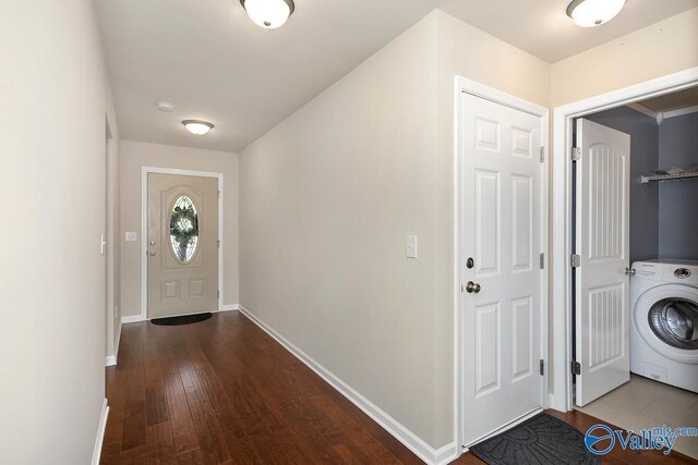 104 Summer Pointe Ln, Madison, AL 35757 - doorway to outside featuring washer / clothes dryer, baseboards, and wood finished floors