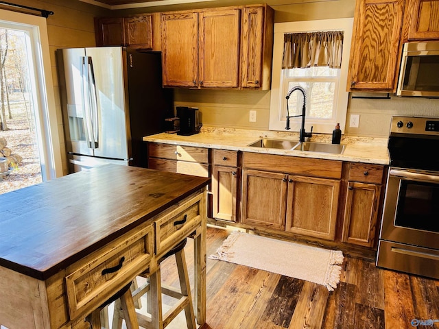 kitchen featuring dark wood-type flooring, a wealth of natural light, sink, and stainless steel appliances