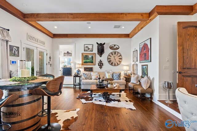 3127 Haddonstone Dr SE, Owens Cross Roads, AL 35763 - living room with beamed ceiling, wood finished floors, baseboards, and recessed lighting