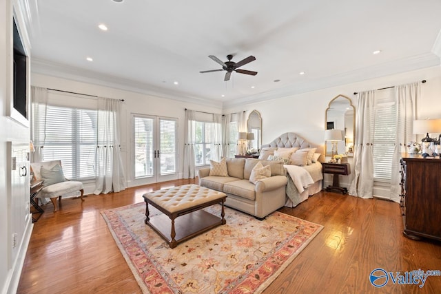 3127 Haddonstone Dr SE, Owens Cross Roads, AL 35763 - bedroom featuring access to outside, crown molding, wood finished floors, recessed lighting, and french doors