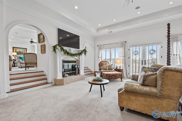 3127 Haddonstone Dr SE, Owens Cross Roads, AL 35763 - living room with carpet, ceiling fan, recessed lighting, stairway, and a tile fireplace