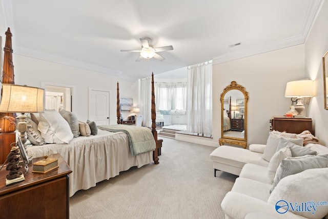 3127 Haddonstone Dr SE, Owens Cross Roads, AL 35763 - bedroom featuring crown molding, light carpet, and a ceiling fan