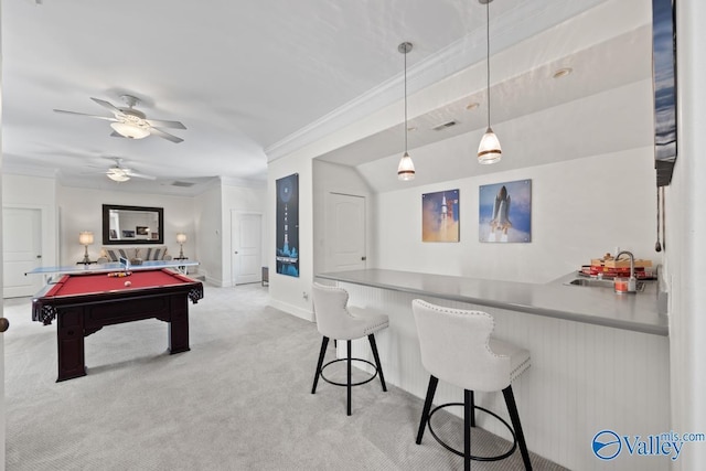 3127 Haddonstone Dr SE, Owens Cross Roads, AL 35763 - recreation room featuring a sink, billiards, light carpet, ornamental molding, and a ceiling fan