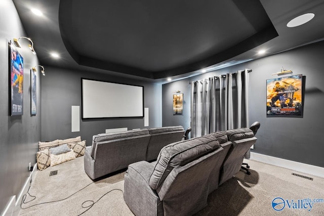 3127 Haddonstone Dr SE, Owens Cross Roads, AL 35763 - home theater featuring a tray ceiling, light carpet, baseboards, and recessed lighting