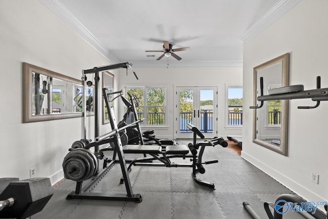3127 Haddonstone Dr SE, Owens Cross Roads, AL 35763 - workout room featuring french doors, ceiling fan, crown molding, and baseboards