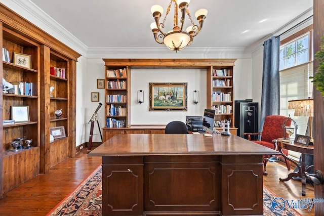 3127 Haddonstone Dr SE, Owens Cross Roads, AL 35763 - office area with dark wood-type flooring, a chandelier, ornamental molding, built in features, and baseboards