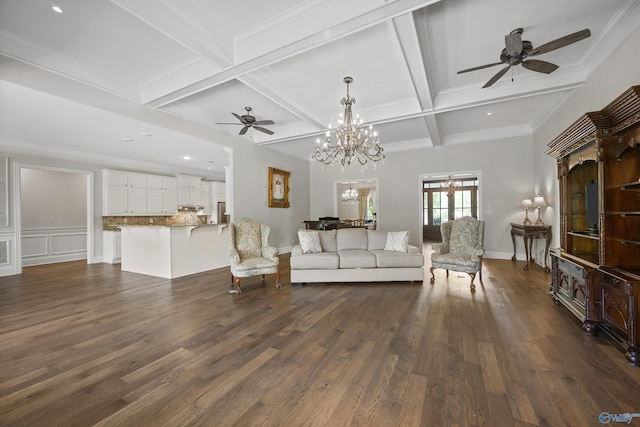living room with dark wood finished floors, ceiling fan with notable chandelier, recessed lighting, beamed ceiling, and coffered ceiling