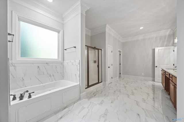 bathroom featuring baseboards, a stall shower, a bath, and vanity
