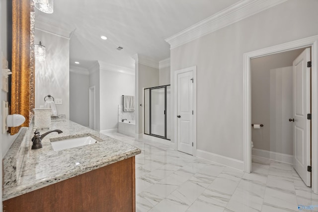 full bathroom with a sink, marble finish floor, a shower stall, ornamental molding, and a bath