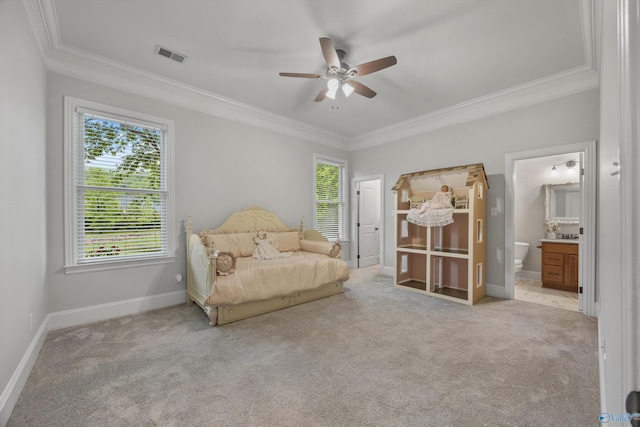 carpeted bedroom featuring crown molding, visible vents, and multiple windows