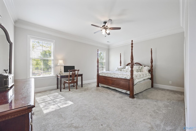 carpeted bedroom featuring baseboards, ornamental molding, and multiple windows