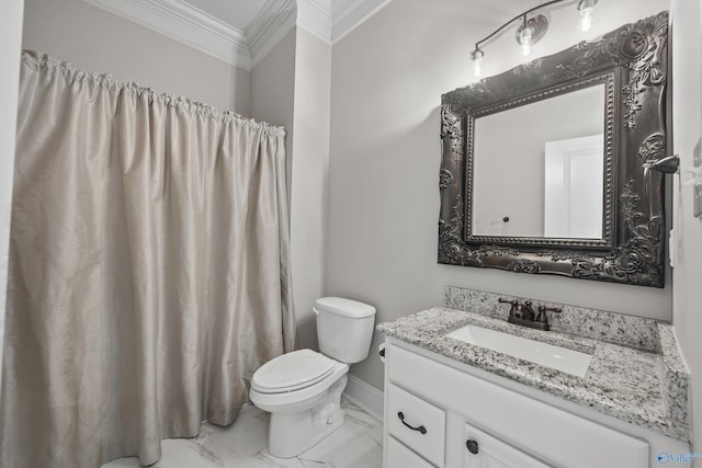 full bathroom with crown molding, vanity, marble finish floor, toilet, and baseboards