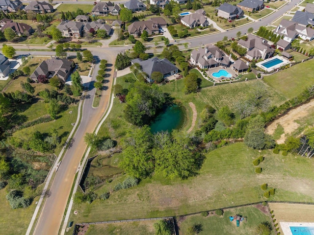 birds eye view of property with a water view and a residential view