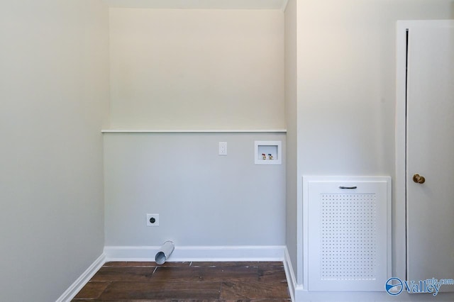 washroom with hookup for a washing machine, dark wood-style flooring, laundry area, and baseboards