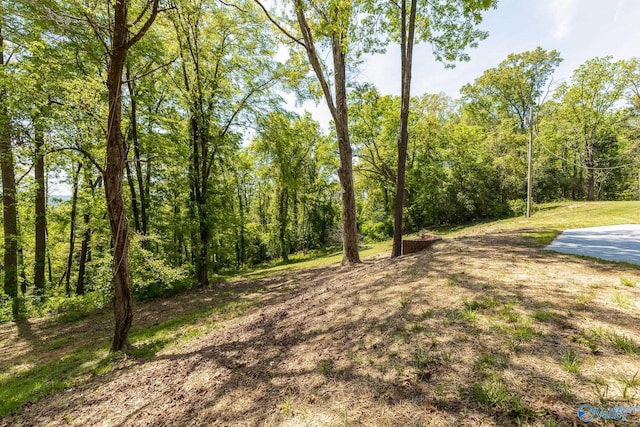exterior space featuring a forest view