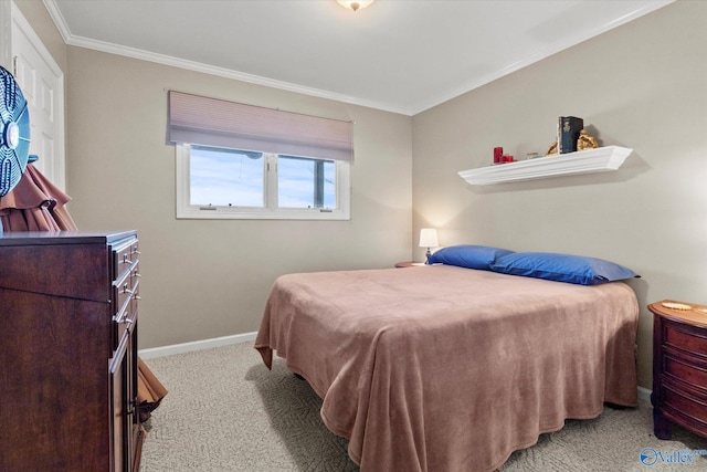 bedroom with light colored carpet and ornamental molding