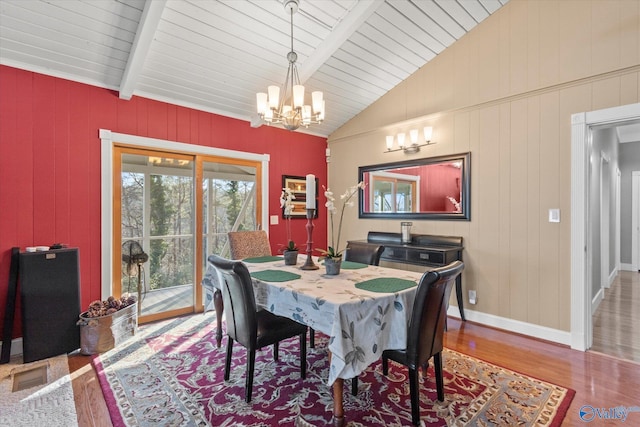 dining area with hardwood / wood-style floors, vaulted ceiling with beams, wooden ceiling, and a notable chandelier