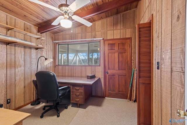 office with ceiling fan, wooden ceiling, and wooden walls